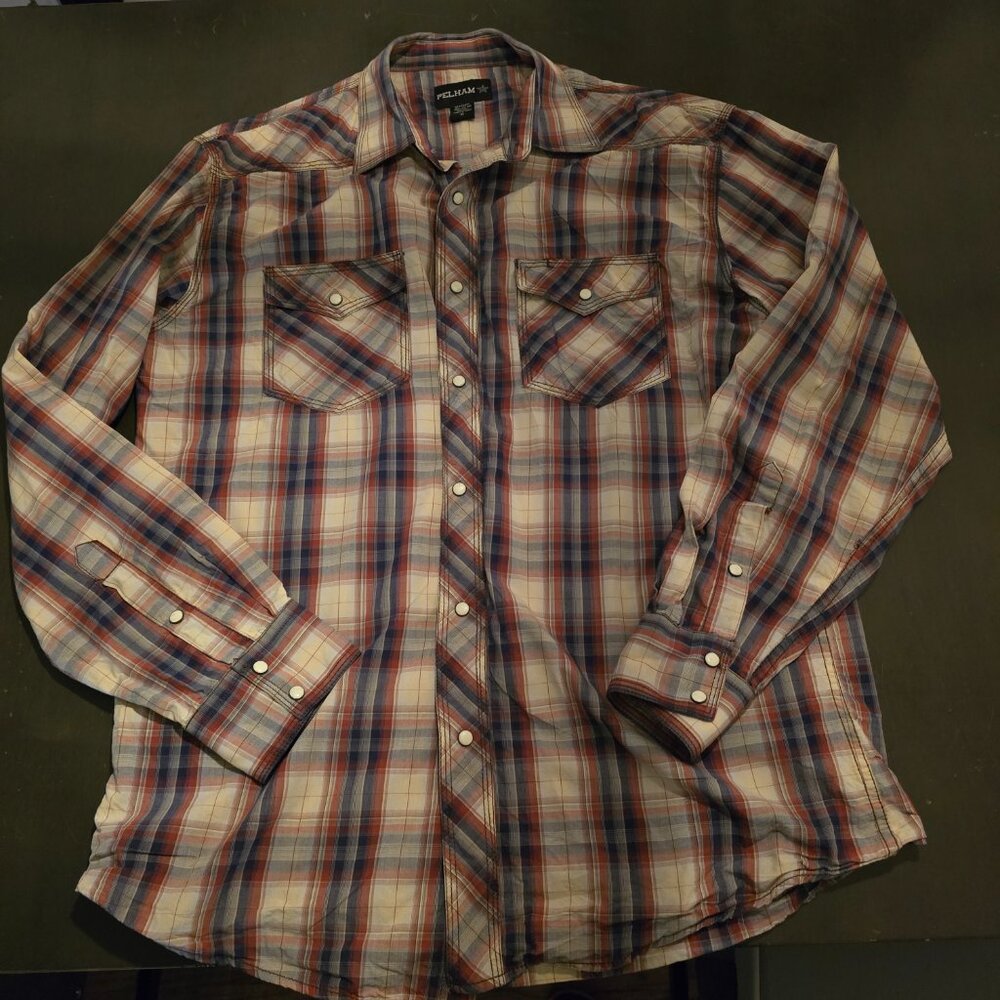 XL Pelham Western Shirt Beige Blue Auburn Grey Plaid White Pearl Snaps